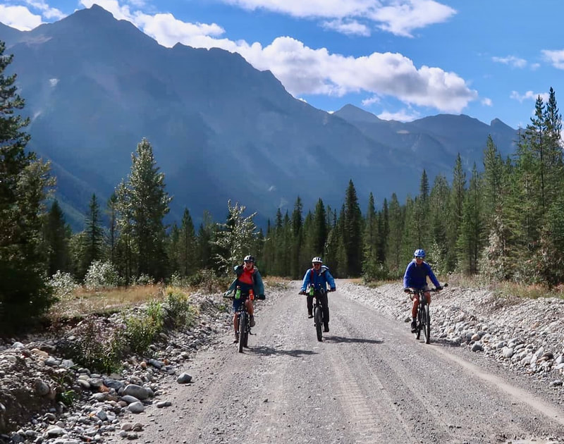 Mountain biking on forestry road near Golden BC in the Blaeberry Valley going to Mummery Glacier