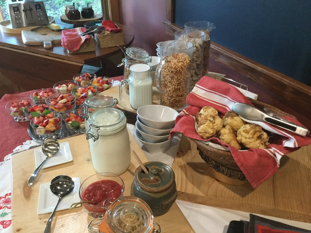 The breakfast at Vagabond Lodge features everything from home-made sourdough bread, home made yogurt, fruit scones, pancakes, eggs and more. 